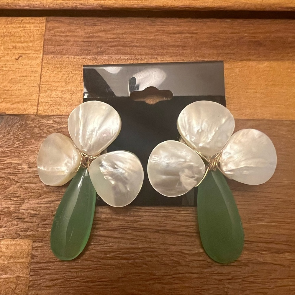Mother of Pearl and Green Stone Artisan Made Drop Earrings